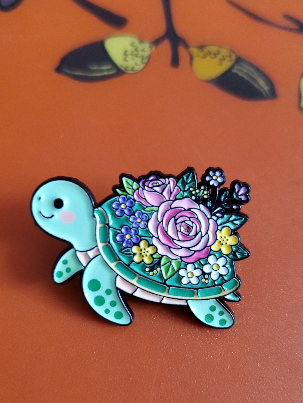 Floral Turtle Enamel Pin - Mint Green with Pink Roses